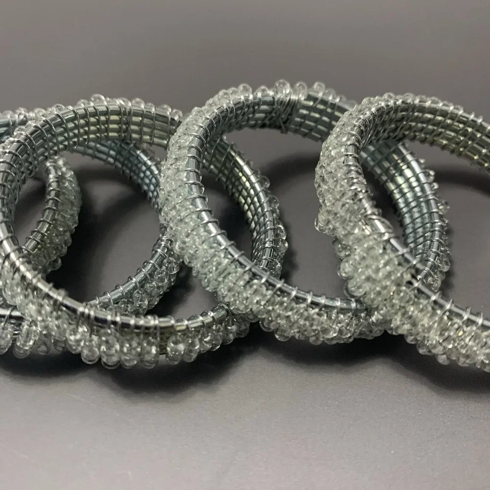 Set of 5 Napkin Rings Silver Tone Wire Clear Glass Beads Elegant Table Decor